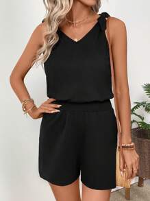 Breezaya Quần short đan buộc màu trơn cho nữ, bộ đồ liền thân vải lanh - màu đen - Xem 5