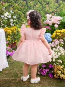 SHEIN Baby Girl Summer Cute & Elegant Mesh Cap Sleeve Dress - Pink - View 6