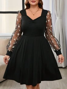 SHEIN Frenchy Plus Size Floral Mesh Patchwork Long Sleeve Dress - Black - View 5