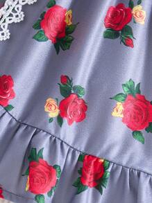 SHEIN Vestito corto da ragazza con colletto alla Peter Pan e maniche corte a fiori, completo estivo di 2 pezzi con cardigan lungo - Grigio - Visualizzare 5
