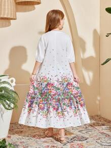 SHEIN Tween Girls V-Neck Puff Sleeve Loose Mid-Length A-Line Printed Dress - White - View 8