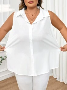 SHEIN CURVE+ 加大码/情人节/夏季简约休闲无袖纽扣衬衫，情人节，玫瑰，爱心，波点，爱，嘴唇，丘比特，3D花朵 - 白色 - 查看 9