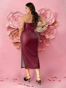 SHEIN Privé 大码舒适休闲优雅年轻派对拥抱和亲吻印花勃艮第色 PU 管紧身连衣裙，适合女士情人节 - 酒紅色 - 查看 3