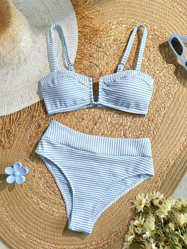 SHEIN VCAY Conjunto de Maiô Bikini para Praia e Veraneio Listrado para Mulheres - Azul e Branco - Visão 1