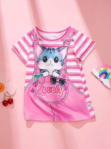 Baby Girl Infant Toddler 0-3 Years Old Cute Graphic Cat & Striped Pattern Knitted Overall Dress, Casual Daily Wear - Pink - View 1