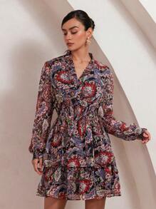 SHEIN Privé 全身印花缺口领荷叶边下摆连衣裙度假装女士 - 紅色 - 查看 1