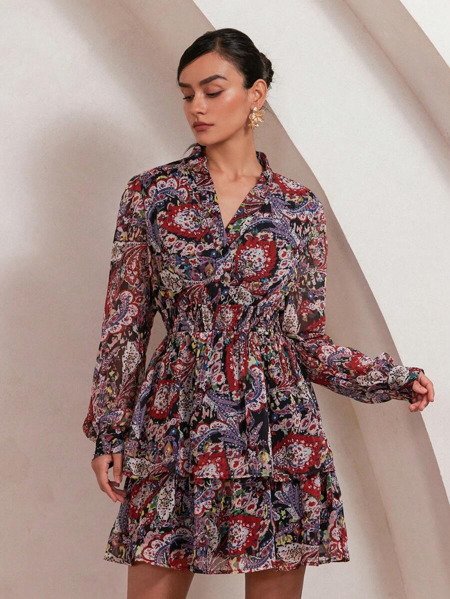 SHEIN Privé 全身印花缺口领荷叶边下摆连衣裙度假装女士 - 紅色 - 查看 1