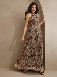 Anewsta 女士无袖束腰花卉印花网眼连衣裙，优雅适合度假、派对、约会之夜、情人节 - 玫紅色 - 查看 4