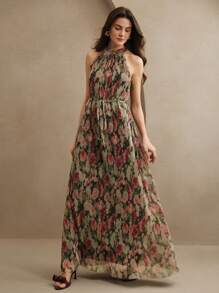 Anewsta 女士无袖束腰花卉印花网眼连衣裙，优雅适合度假、派对、约会之夜、情人节 - 玫紅色 - 查看 7