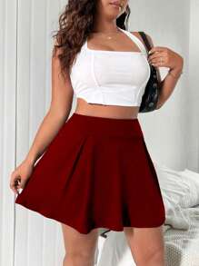 Flirla Plus Size Casual Solid High Waist Skirt - Burgundy - View 3