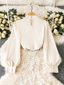 Calvaya Elegant Bowknot Lace Trim Slim Fit Long Sleeve Blouse