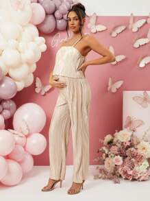 Loomaby Pregnant Women's Solid Color Pleated Casual Jumpsuit - Khaki - View 5