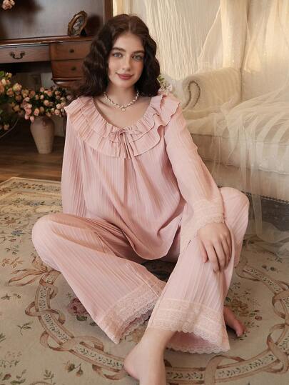 Côtesoire Women's Woven Solid Color Long Sleeve Top & Pants Pajama Set Holiday Season, Fall Winter Clothes Cozy And Elegant Details