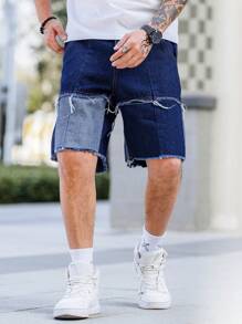 Manfinity Homme Men's Color Block Frayed Hem Denim Shorts Tropical Hang Out Street - Dark Wash - View 5