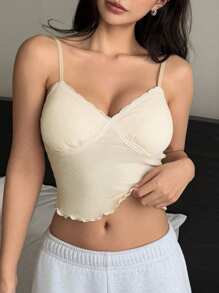 DAZY Floral Ruffle Trim Camisole Top With Built-In Padded Bra - Beige - View 4