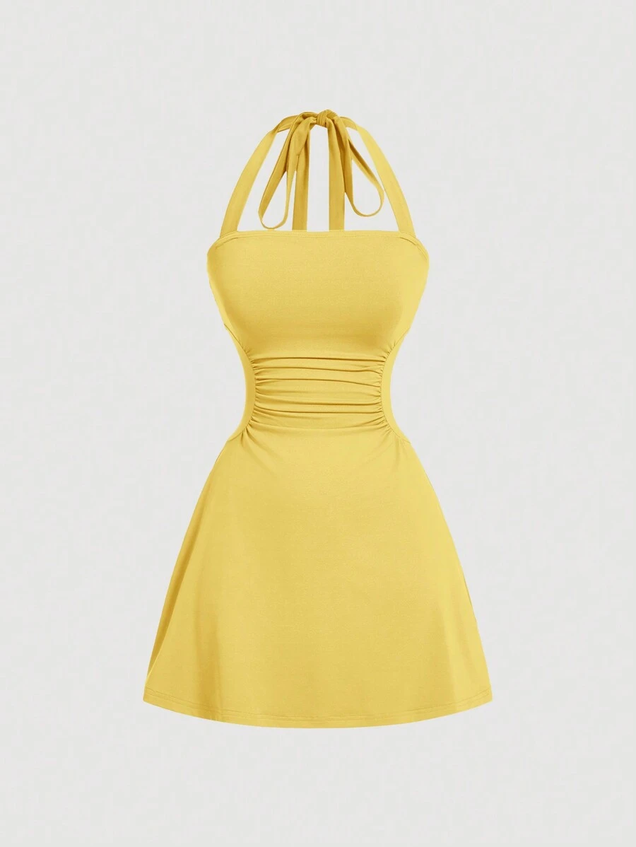 SHEIN MOD Women's Yellow A-Line Halter Neck Waist Cinched Dress - Yellow - View 1