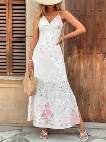 Breezaya Vestido de línea A para vacaciones con abertura lateral, cintura y tirantes con flores de estilo nicho francés para mujeres, elegante y ajustado