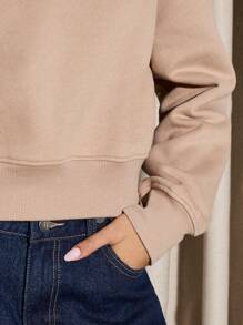 AiiRZ Áo nỉ cổ lọ cỡ lớn sang trọng, dáng ngắn, bo gấu, quần áo thường ngày, thể thao, thời trang đường phố thiết yếu cho mùa thu đông - Màu be - Xem 5