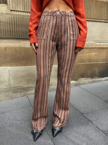 Forever 21 New Autumn/Winter Women Striped Trumpet Printed Denim Pants - Multicolor - View 1