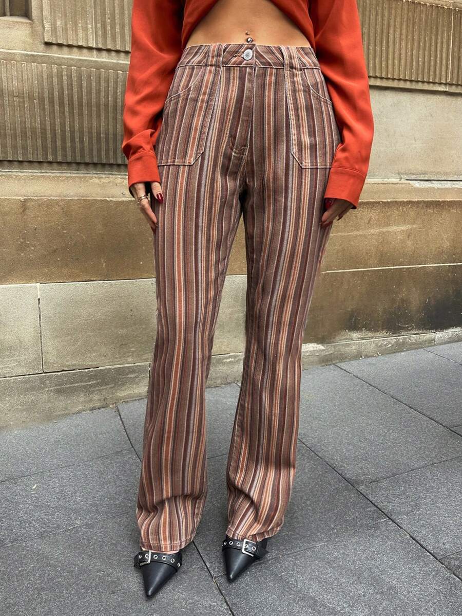 Forever 21 New Autumn/Winter Women Striped Trumpet Printed Denim Pants - Multicolor - View 1
