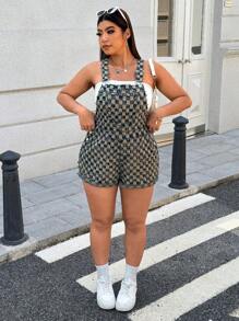 SHEIN EZwear Salopette in denim larga con tasche a quadri, taglia comoda, per donne di taglia grande - Blu - Visualizzare 5