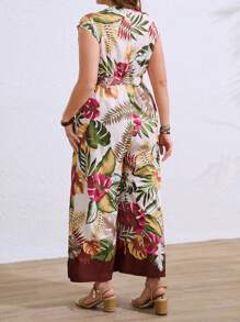 SHEIN Clasi 大码女式热带植物印花 V 领无袖系带阔腿连体裤，适合海滩度假 - 彩色 - 查看 2
