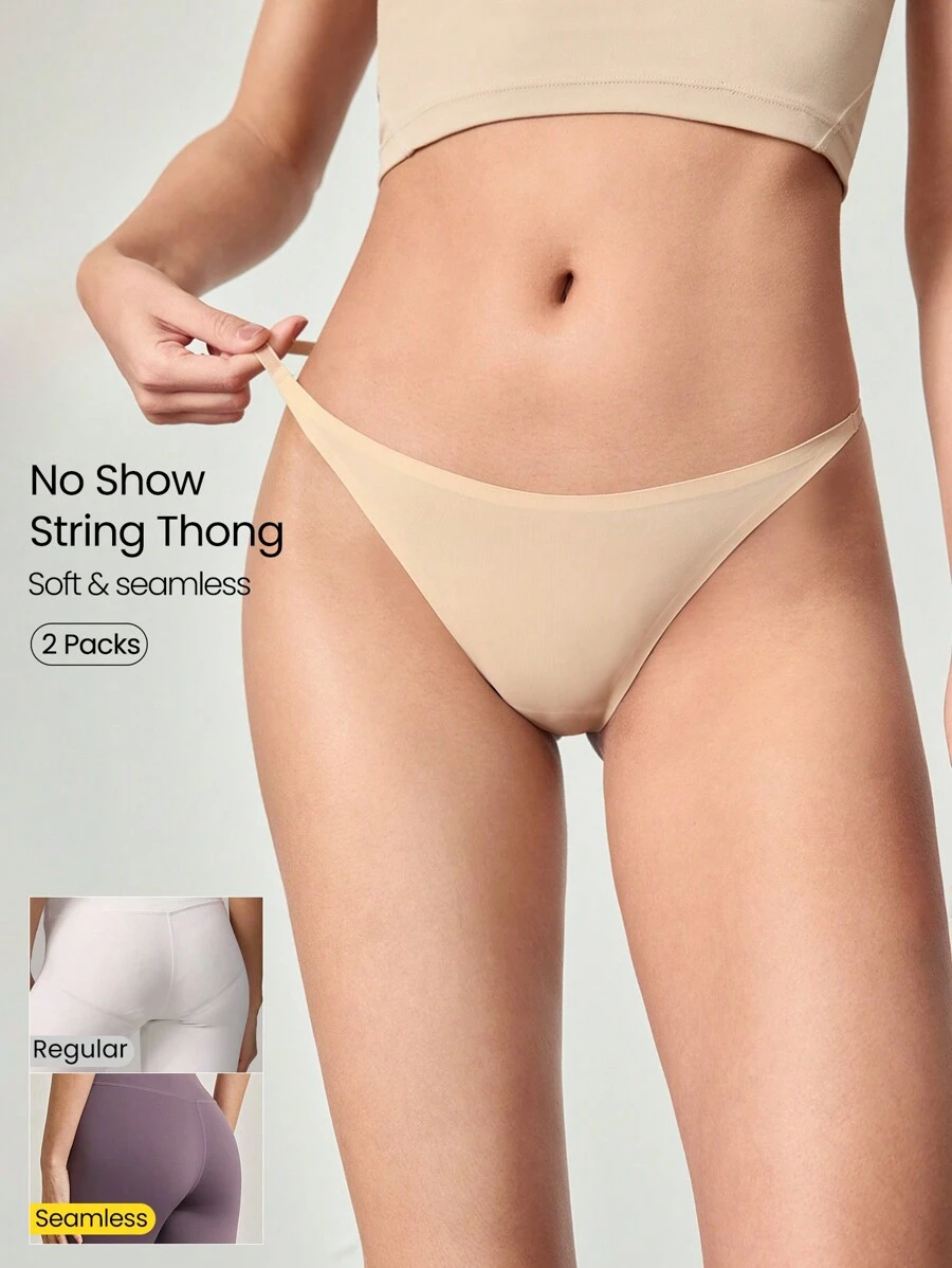 GLOWMODE 2 Packs Lightweight Invisible Flex Seamless Fit Mid-Rise Waist T-String Thong Underwear Daily Wear - Apricot - View 1