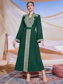 Al Najma Ladies' Embroidered Beaded Belt Patchwork Cutout Neckline Jalabiya Dress, Elegant Evening Party Maxi Dress