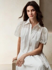 Anewsta 女式短款蕾丝拼布衬衫，休闲优雅，适合春夏季 - 白色 - 查看 2