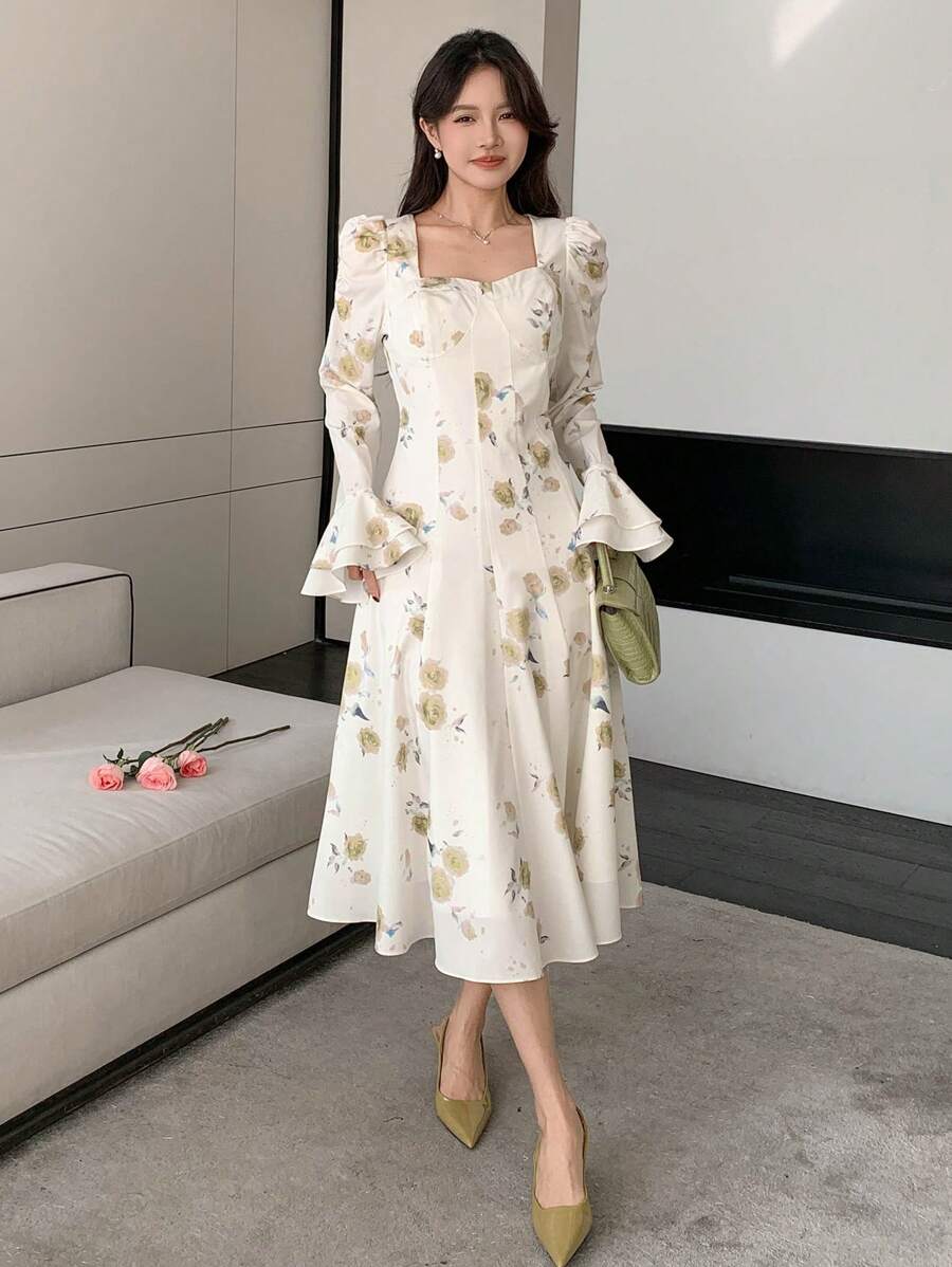 DAZY 女士碎花泡泡袖中长连衣裙,秋季长袖连衣裙,复活节长款连衣裙 - 綠色 - 查看 1
