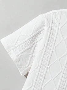 SHEIN 2 件套青少年男孩休闲百搭舒适 Polo 领前开宽松短袖上衣和短裤两件套服装，适合春、夏、秋、冬各季节上学、花园、海滩、生日 - 白色 - 查看 6