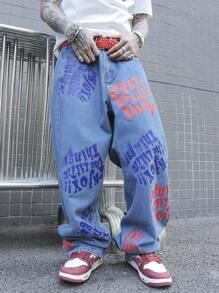 Manfinity Roghcode Men's Casual Letter Print Pocket Jeans, Simple And Comfortable For Daily Wear - Medium Wash - View 1