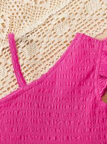 Young Girl Knit One Shoulder Strap Ruffle Tight T-Shirt - Hot Pink - View 5