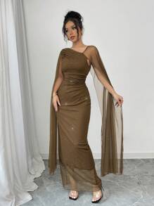 Elenzga Vestido de cóctel ajustado de lujo para mujer con capa de malla tejida de unicolor y mangas plisadas