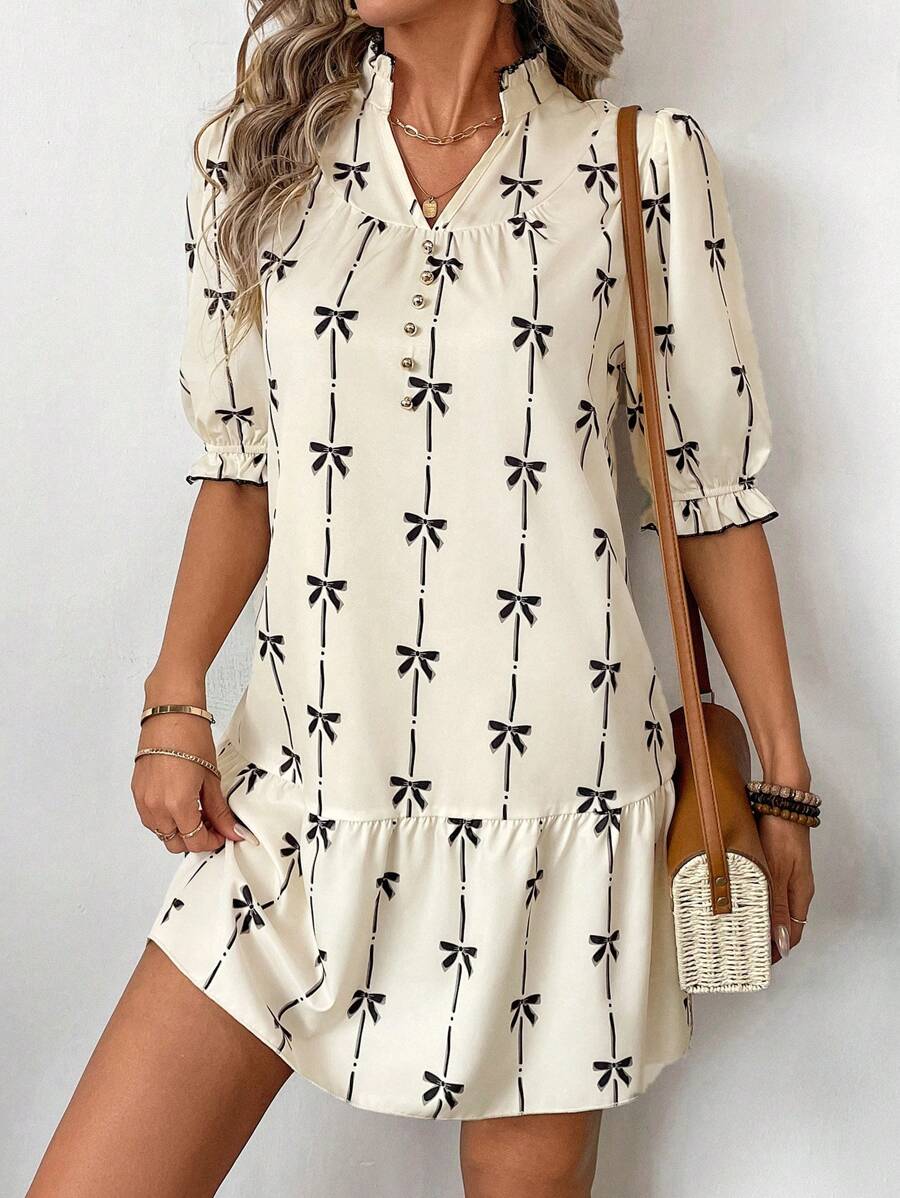 SHEIN LUNE 女士蝴蝶结印花 V 领短袖休闲连衣裙