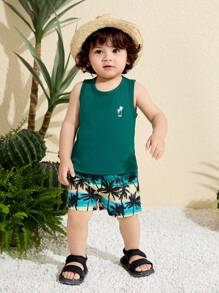 SHEIN Conjunto de 2 piezas de ropa de vacaciones para bebé niño, con parte superior de cuello redondo sin mangas con estampado de palmeras y pantalones cortos de cintura elástica