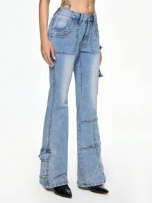 ROMWE Jeans de mezclilla sencillos con bolsillo delantero con botones para mujer, uso casual de todos los días