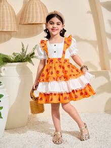 SHEIN Leap Crew Conjunto de 2 Peças: Top Branca com Manga Bufante para Meninas Jovens e Vestido Salopete com Estampa de Rosas Amarelas, Adequado para Férias, Uso Diário, Festa, Adorável Princesa