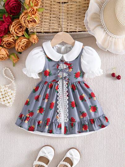 Babygirl 可爱夏季彼得潘领短袖碎花连衣裙和长款开衫 2 件套