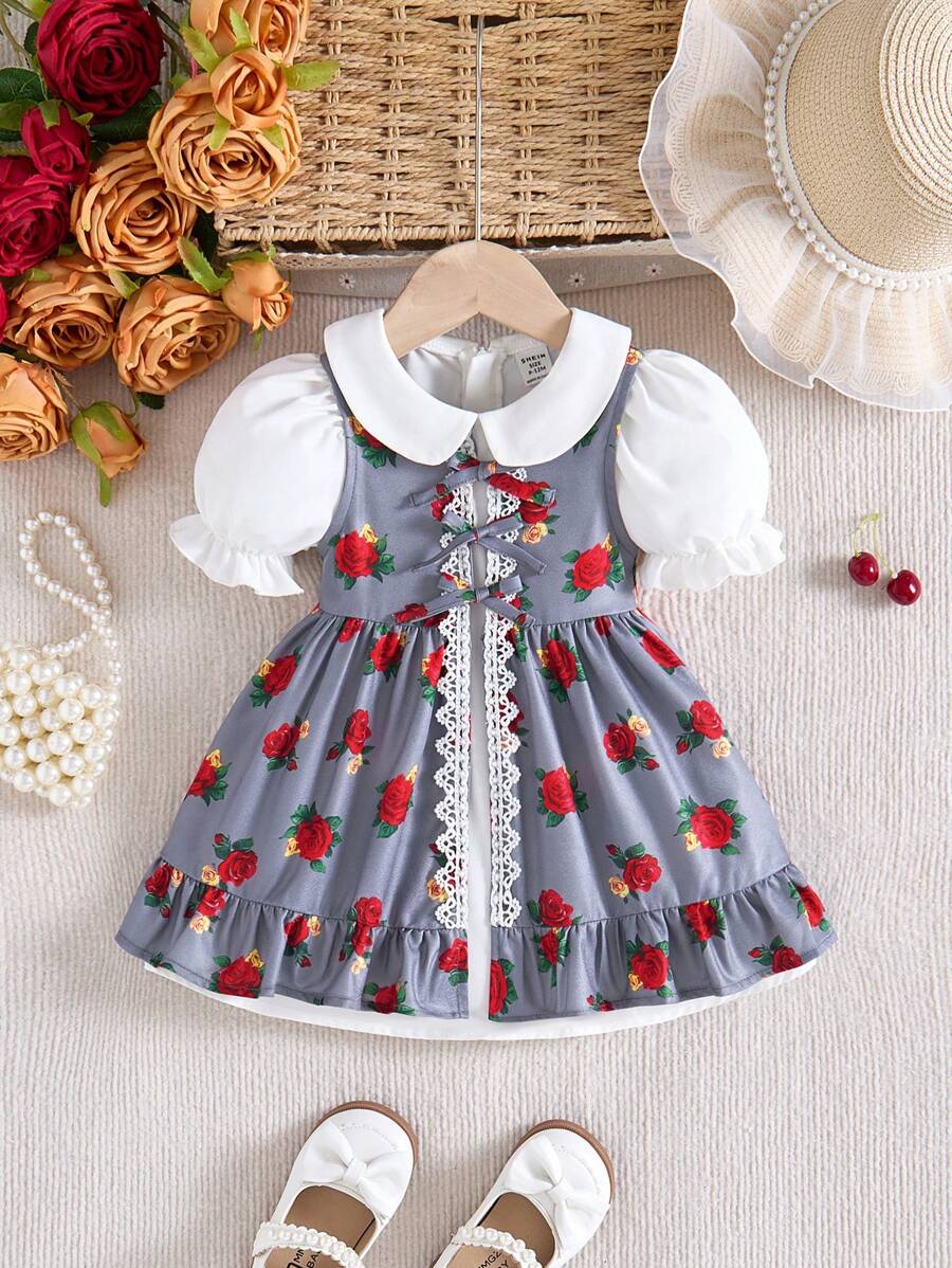SHEIN Vestito corto da ragazza con colletto alla Peter Pan e maniche corte a fiori, completo estivo di 2 pezzi con cardigan lungo - Grigio - Visualizzare 1