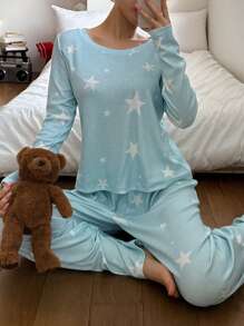 DAZY Star Pattern Round Neck Long Sleeve Top And Pants Pajama Set - Blue - View 5
