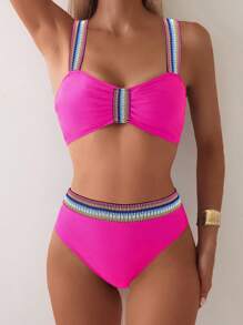 SHEIN Swim Women's Colorful Striped Ruffle Sexy Bikini Swimwear Set, For Summer Beach Vacation