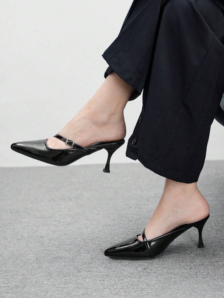 CUCCOO BIZCHIC Women's Simple Black Strap Pointed Toe Kitten Heel Mules, Elegant Chic Spring Work Wear Dress Shoes Spring Shoes Spring Break Easter