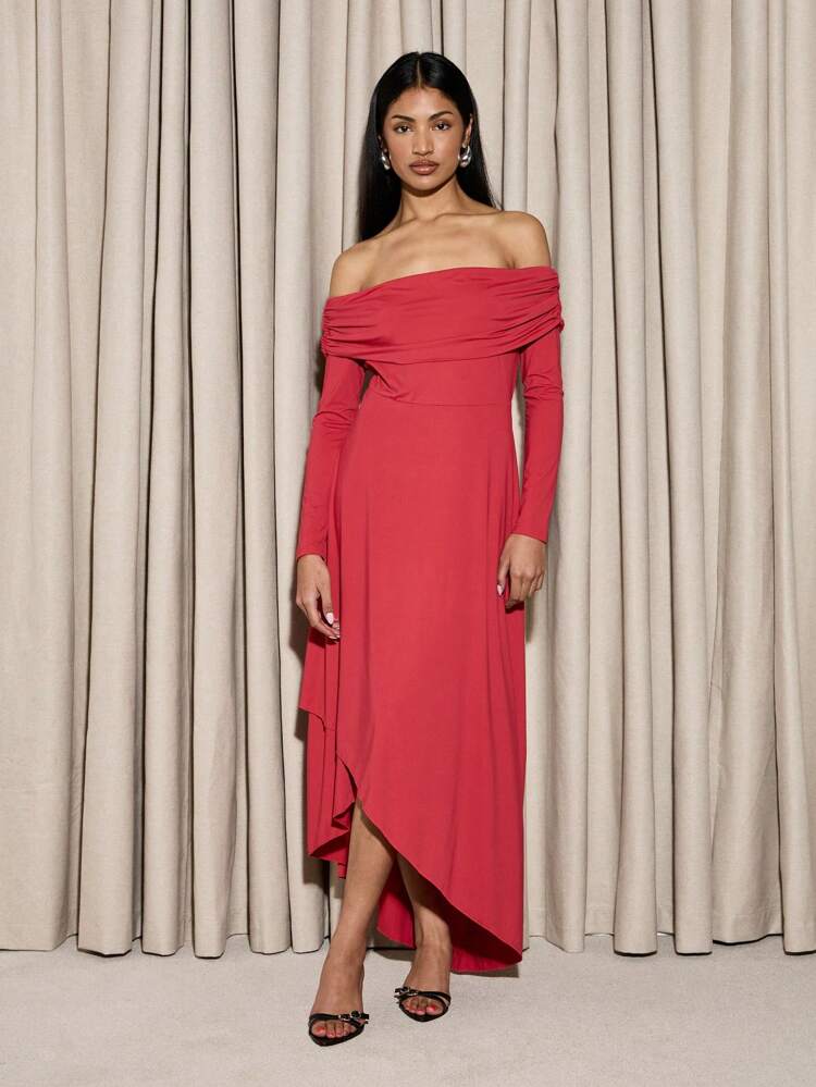 AiiRZ Elegant Off-Shoulder Long Sleeve Evening Dress With Ruched Neckline Asymmetrical Hem Party Wedding Guest Formal Occasion Dress With Draped Detail
