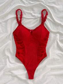 Mono casual vintage con textura de punto, con adorno de encaje romántico para mujeres, ropa de verano rosa - Rojo - Ver 6