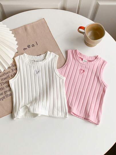 SHEIN Playful Pals 2 件套 0-3 岁女婴休闲日常基本款镂空心形圆领无袖短款 T 恤上衣，棉质针织面料，粉色和白色