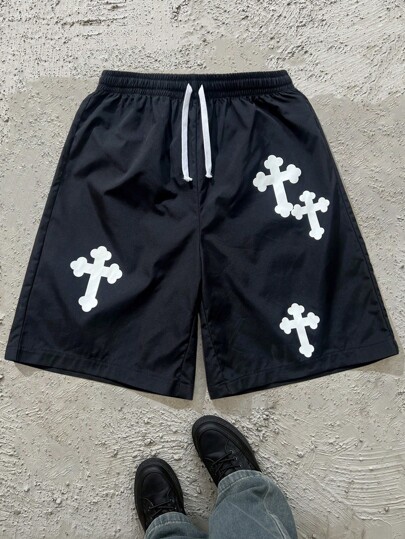 SHEIN 1 pièce Short casual et ample avec imprimé croix et cordon de serrage à la taille, pour ado garçon. Porté l'été et le printemps. Vêtements pour ados garçons. Vestes pour ados garçons, rentrée scolaire du printemps