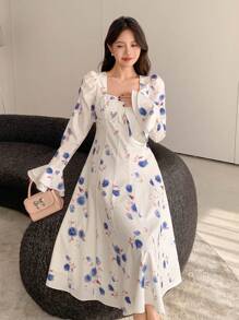 DAZY Mid-Length Ditsy Floral Vacation Dress With Puff Sleeves For Women, Spring/Fall,Ruffle Long Sleeve Dress Easter - Blue - View 5