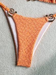Soleia Women Holiday Orange Knit Textured Metal Decor Halter Tie Bikini Swimwear Set, For Summer Beach Vacation - Orange - View 4