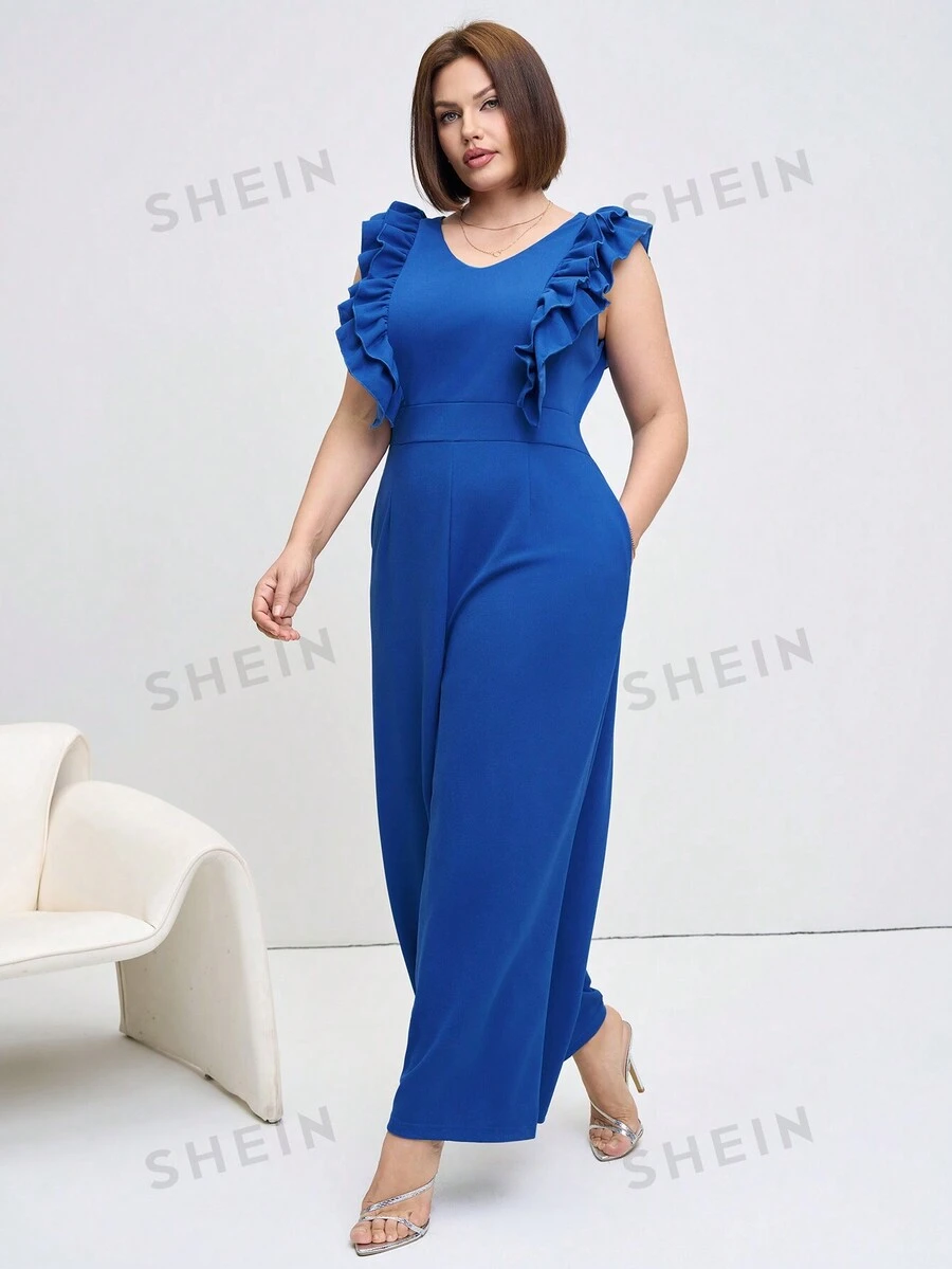 SHEIN Clasi Eleganter Jumpsuit in Große Größen mit Rüschensaum und ärmellos, unifarbig - Blau - Übersicht 1